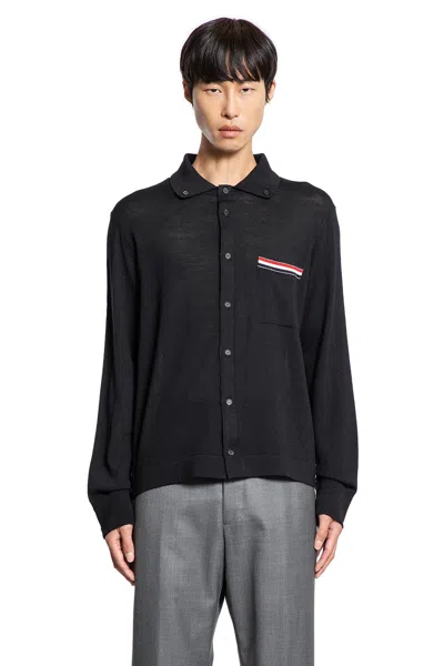 Thom Browne Wool Shirt With Long Sleeves And Striped Detail In Black