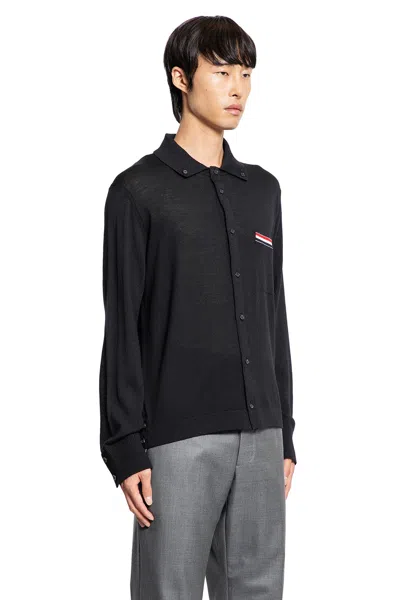 Thom Browne Wool Shirt With Long Sleeves And Striped Detail In Black