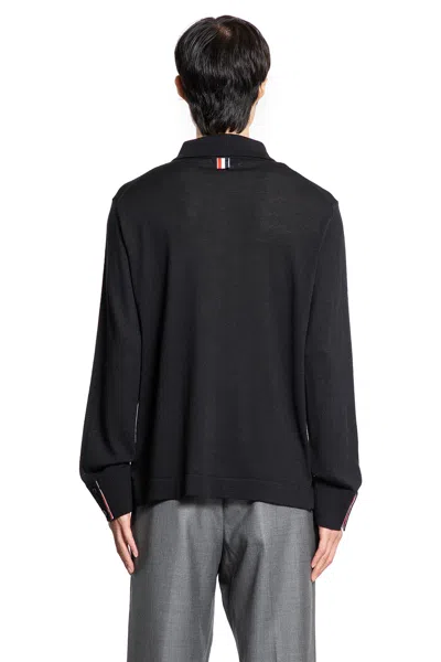 Thom Browne Wool Shirt With Long Sleeves And Striped Detail In Black