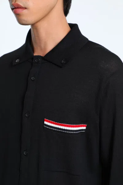 Thom Browne Wool Shirt With Long Sleeves And Striped Detail In Black