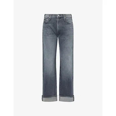Mother Womens Moshpit Memories The Dodger Skimp Cuff Straight-leg Denim Jeans In Gray