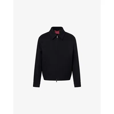 Gucci Men Black Jacket With Classic Collar And Web Motif On The Waist In Cotton Man In Black