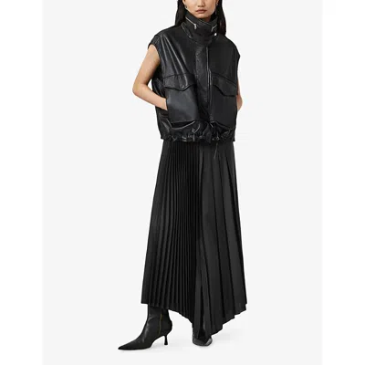 Allsaints Womens Black Jax Pleated Satin Midi Skirt In Black