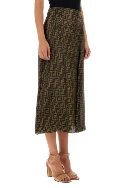 Fendi Women Embroidered Silk Skirt In Brown
