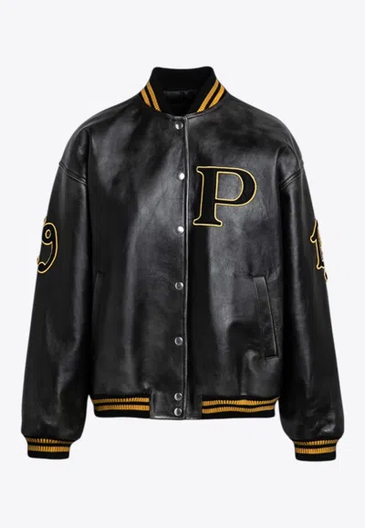 Prada Leather Bomber Jacket In Black