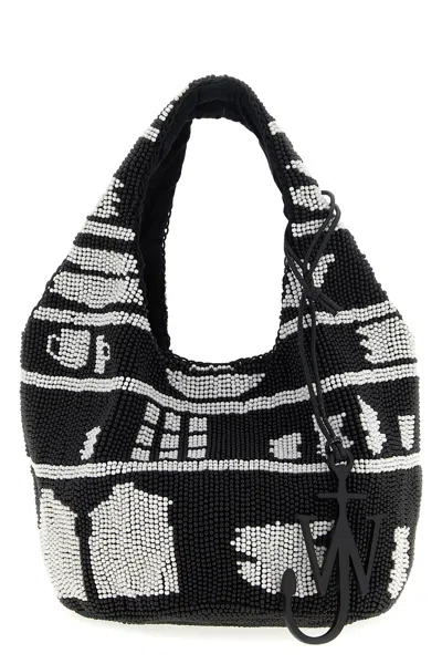 Jw Anderson Mini Beaded Shoulder Bag With Abstract Patterns In Black
