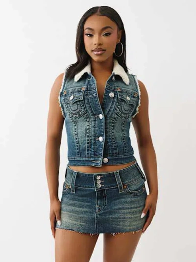 True Religion Women's Shrunken Sherpa Denim Vest In Blue