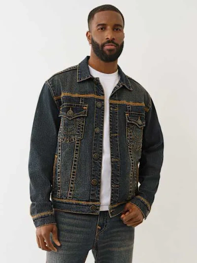 True Religion Super Flatlock Denim Trucker Jacket In Black