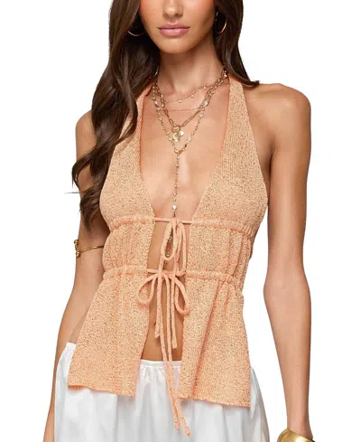 Edikted Sequin Knit Split Front Backless Top In Brown