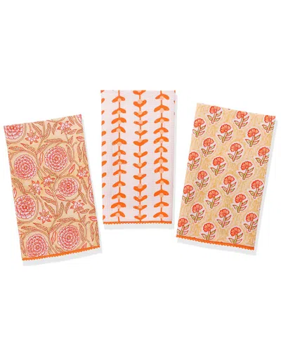 Tiramisu Marigold Block Print Cotton Kitchen Towel Set In Multi