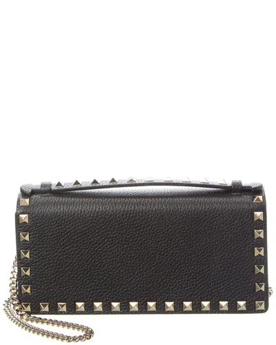 Valentino Garavani Valentino Rockstud Grainy Leather Wallet On Chain In Black