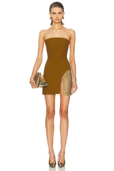 Attico Sequin Insert Strapless Fitted Dress With Side Mesh In Brown