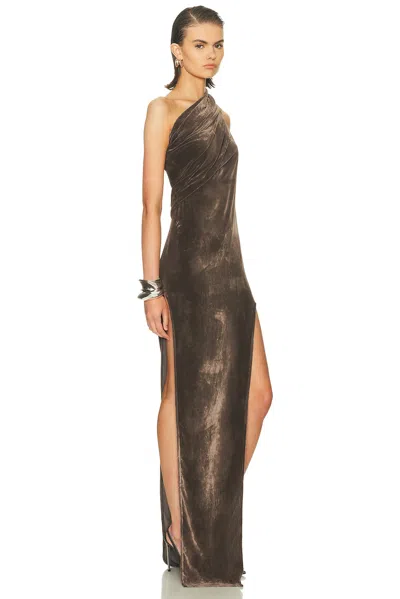 Rick Owens Athena Arrowhead One-shoulder Draped Crushed-velvet Gown In Green