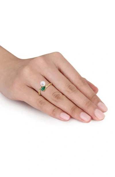 Delmar Cultured Pearl & Lab-grown Emerald Crossover Ring In Gold