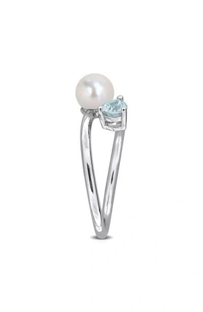 Delmar Cultured Pearl & Aquamarine Crossover Ring In Silver
