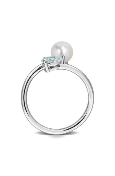 Delmar Cultured Pearl & Aquamarine Crossover Ring In Silver