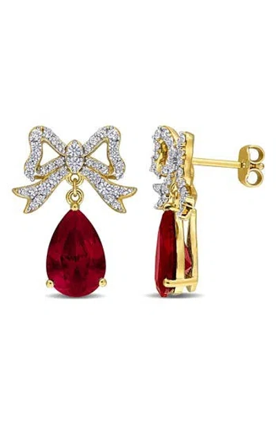 Delmar Lab-grown White Sapphire & Lab-grown Ruby Bow Drop Earrings In Gold