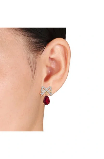 Delmar Lab-grown White Sapphire & Lab-grown Ruby Bow Drop Earrings In Gold