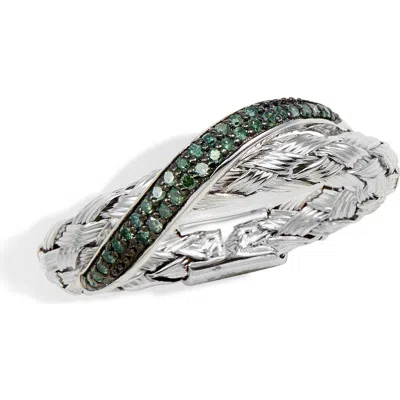Savvy Cie Jewels Rhodium Plated Sterling Silver Green Diamond Woven Band Ring In Metallic