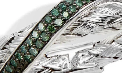 Savvy Cie Jewels Rhodium Plated Sterling Silver Green Diamond Woven Band Ring In Metallic
