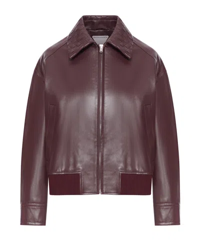 Bottega Veneta Women Bordeaux Crop Jacket With Intreccio Motif Collar And Dropped Shoulders In Leath In Red