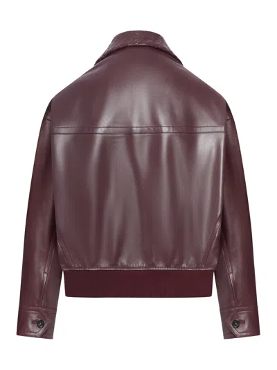 Bottega Veneta Women Bordeaux Crop Jacket With Intreccio Motif Collar And Dropped Shoulders In Leath In Red