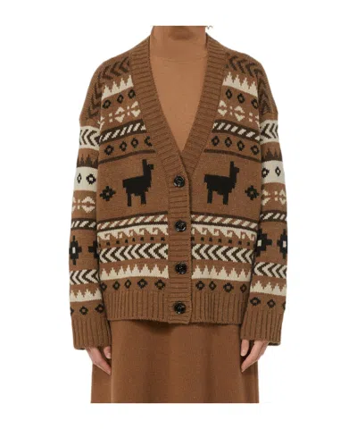 Weekend Max Mara V-neck Cardigan With Ribbed Cuffs And Hem In Brown