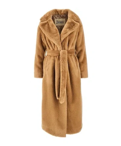 Herno Faux Fur Mid Length Coat In Brown