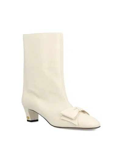 Valentino Leather Mid-calf Boots Featuring Bow Detail In White
