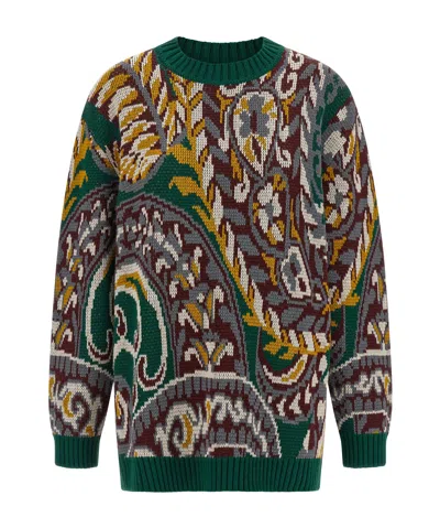 Etro Patterned Jacquard Wool Sweater With Dropped Shoulders In Green