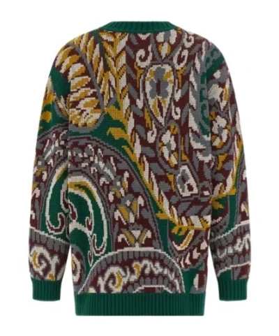 Etro Patterned Jacquard Wool Sweater With Dropped Shoulders In Green