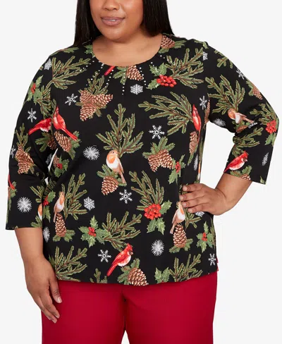 Alfred Dunner Plus Size Classic Cardinals And Pinecones Embellished Crew Neck Top In Black