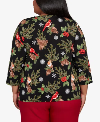 Alfred Dunner Plus Size Classic Cardinals And Pinecones Embellished Crew Neck Top In Black