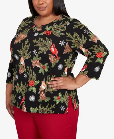 Alfred Dunner Plus Size Classic Cardinals And Pinecones Embellished Crew Neck Top In Black