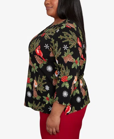 Alfred Dunner Plus Size Classic Cardinals And Pinecones Embellished Crew Neck Top In Black