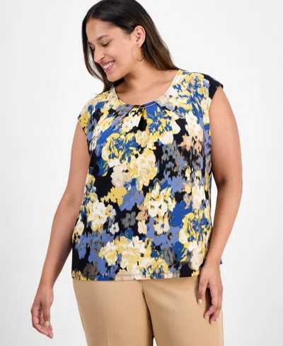 Kasper Plus Size Sleeveless Pleat-neck Blouse In Multi