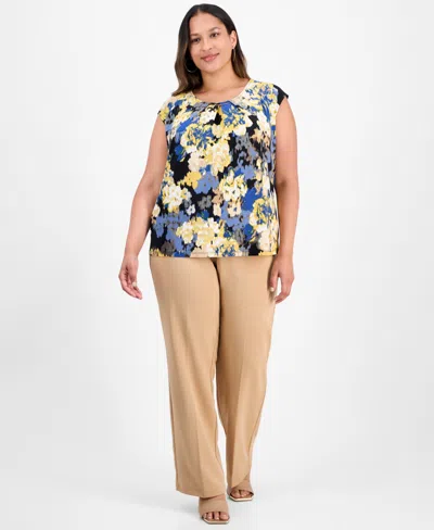 Kasper Plus Size Sleeveless Pleat-neck Blouse In Multi