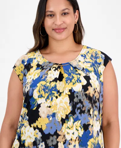 Kasper Plus Size Sleeveless Pleat-neck Blouse In Multi