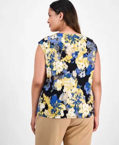 Kasper Plus Size Sleeveless Pleat-neck Blouse In Multi