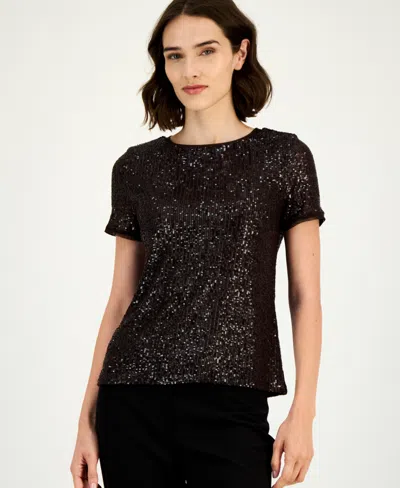 Anne Klein Short Sleeve Sequin Top In Multi