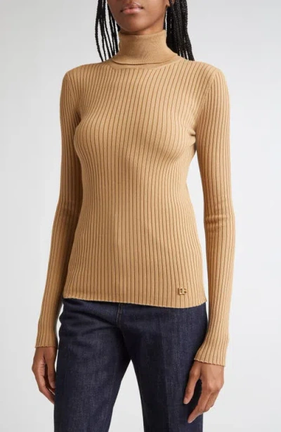 Dolce & Gabbana Dolce&gabbana Virgin Wool Blend Rib Turtleneck Sweater In Brown