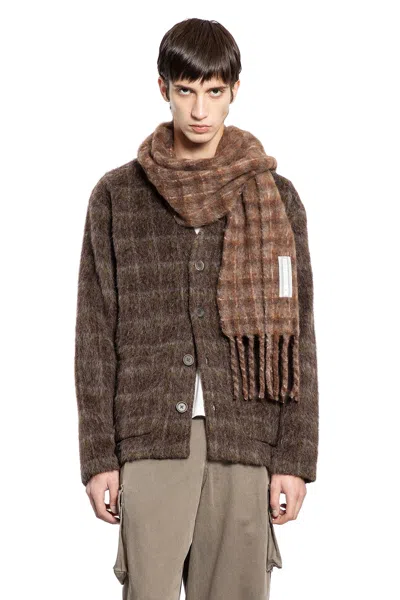 Our Legacy Embroidered Wool Blend V-neck Cardigan With Front Pockets In Brown