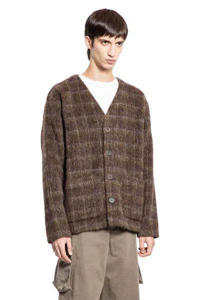 Our Legacy Embroidered Wool Blend V-neck Cardigan With Front Pockets In Brown