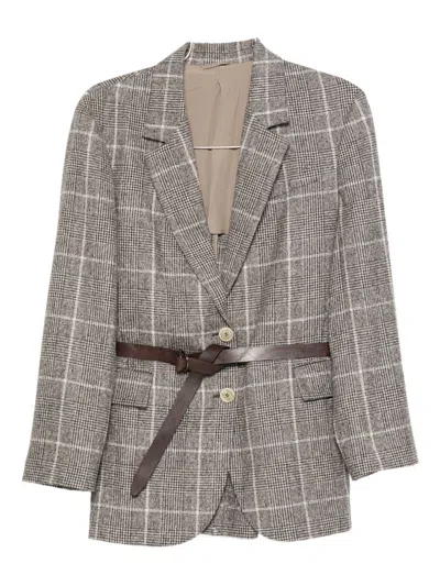 Brunello Cucinelli Belted Checked Wool Jacket With Pockets In Brown