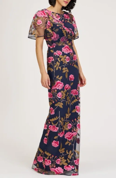 Js Collections Kristine Floral Embroidery Column Gown In Multi