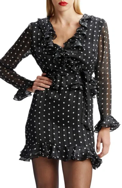Bardot Polka Dot Frill Ruffle Long Sleeve Minidress In Black