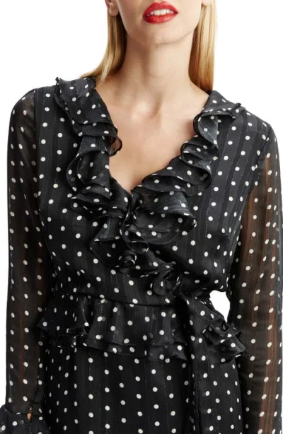 Bardot Polka Dot Frill Ruffle Long Sleeve Minidress In Black