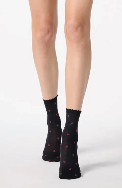 Oroblu Floral Crew Socks In Black