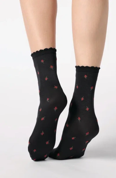 Oroblu Floral Crew Socks In Black