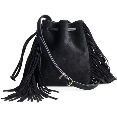 Madewell The Drawstring Crossbody Bucket Bag In Suede True Black In Black